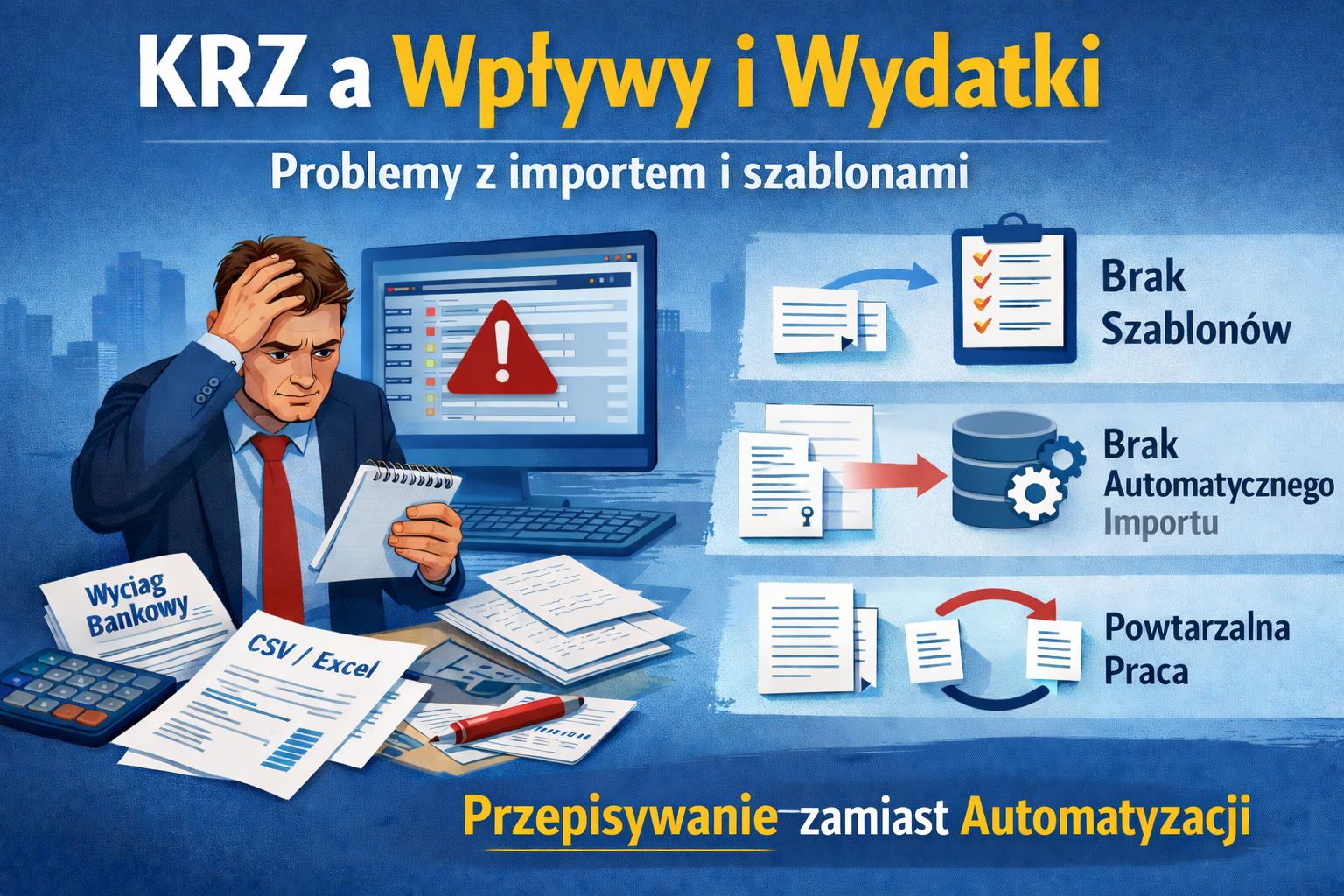 Grafika przedstawia problemy modułu wpływów i wydatków w KRZ – brak szablonów, brak importu danych i konieczność ręcznego przepisywania informacji z rachunku bankowego.