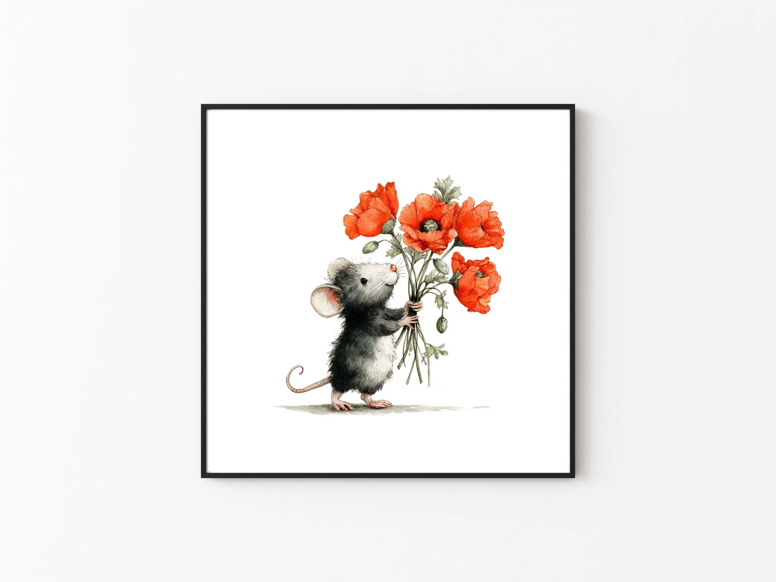 LITTLE MOUSE WITH POPPIES NURSERY PRINT
