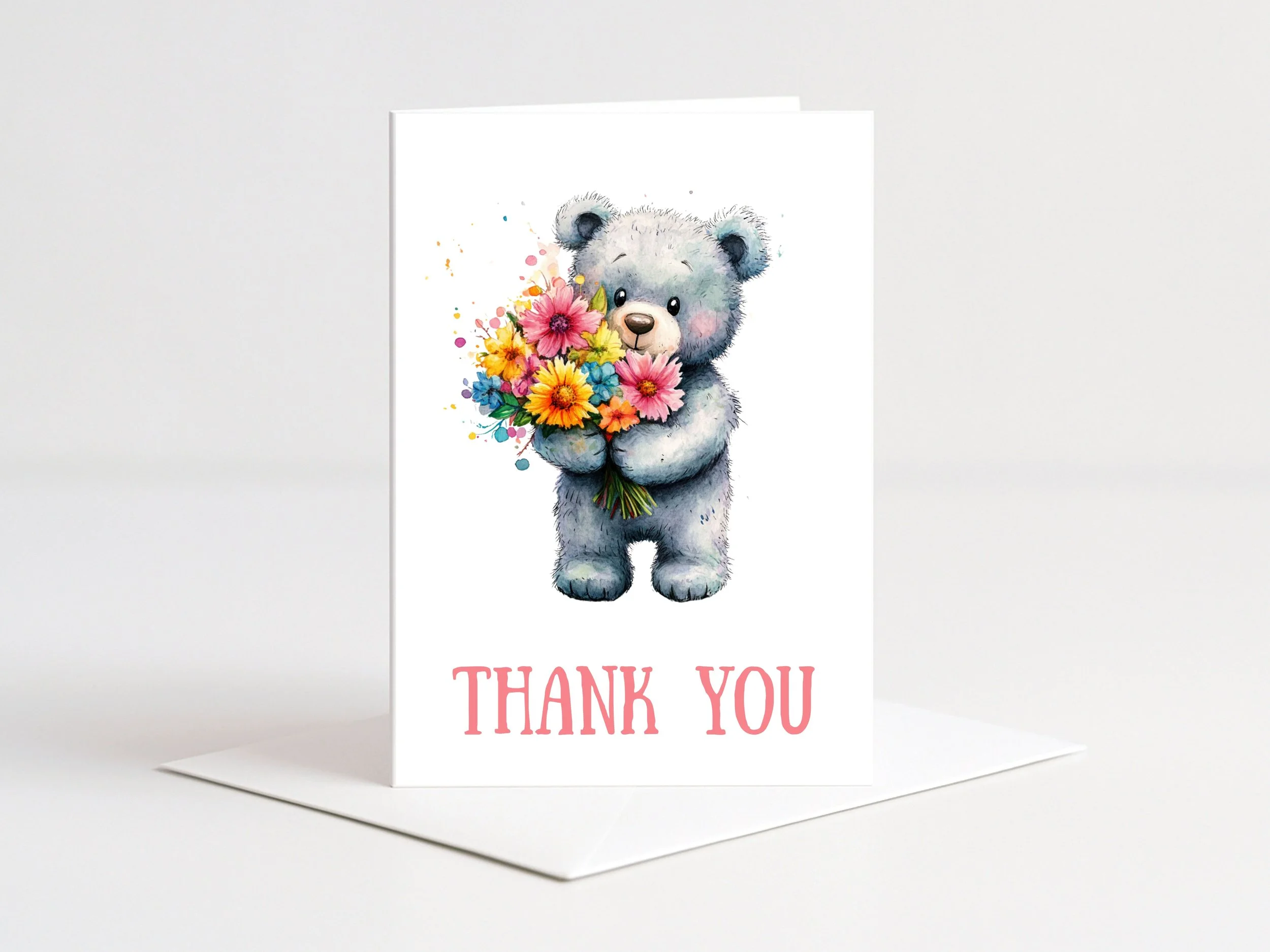 GREY TEDDY WITH FLOWERS THANK YOU CARD