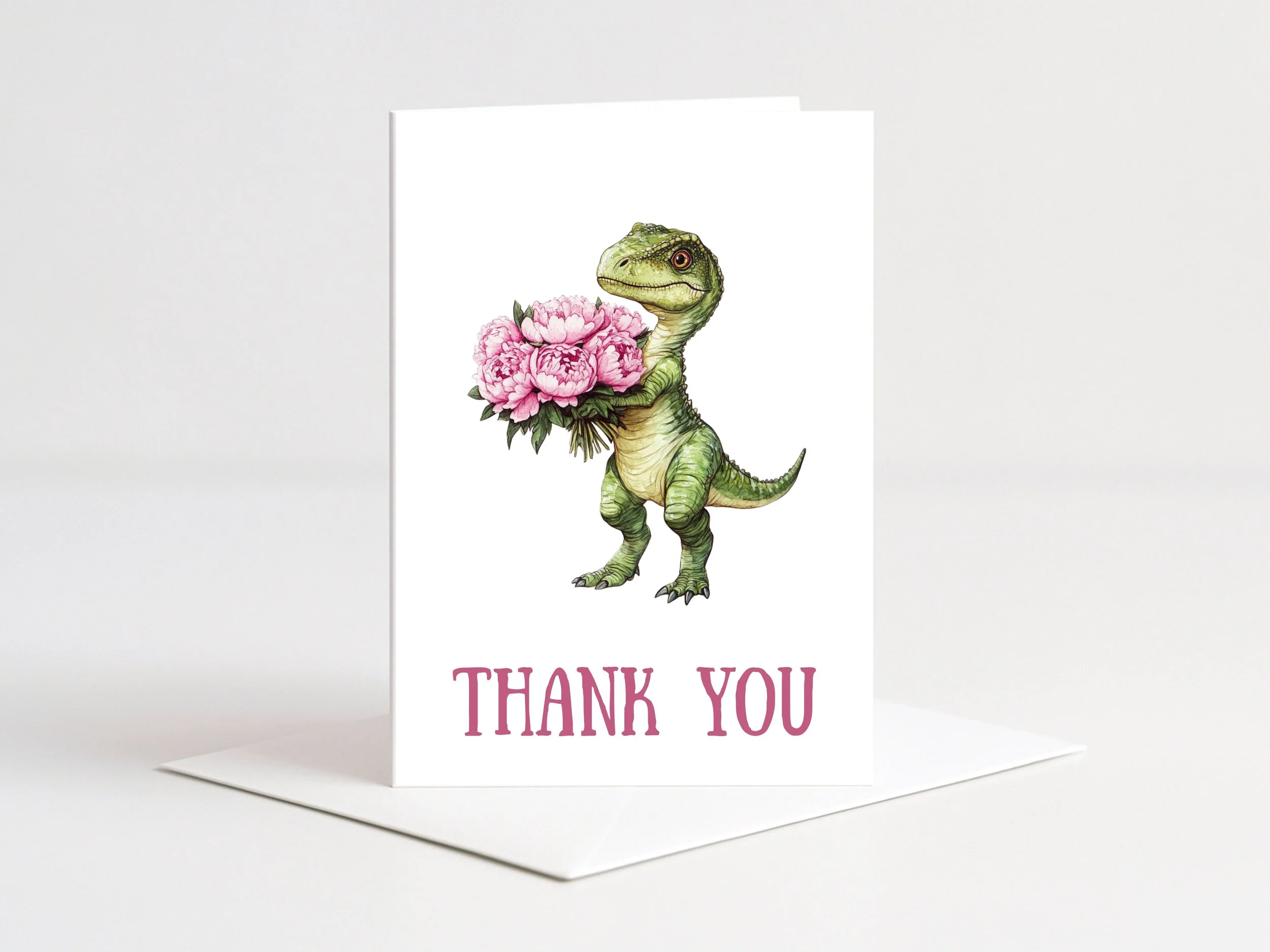 DINOSAUR WITH PEONIES THANK YOU CARD