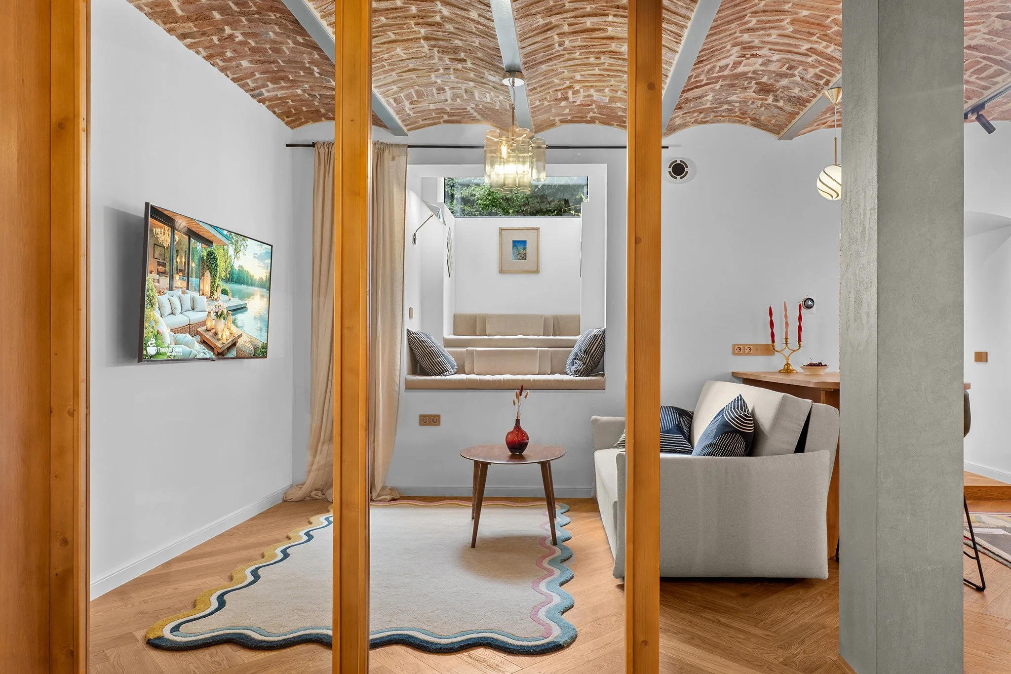 Living room with a built-in window seat, a beige sofa, a small wooden table with a red vase, a wall-mounted TV, and decorative accents in a modern, homey style.