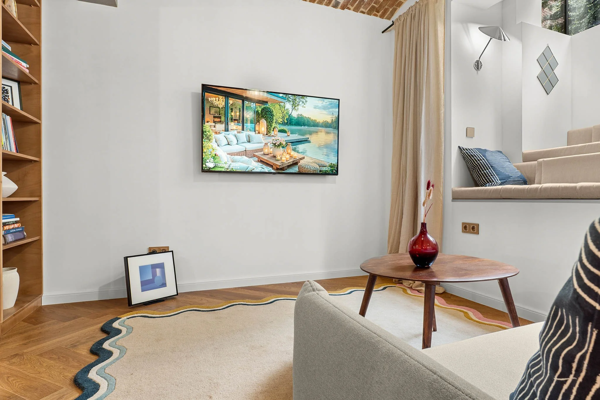 Living room with a wall-mounted TV displaying an outdoor patio scene, a beige sofa with a black and white striped pillow, a wooden coffee table with a red vase, a built-in window seat with beige cushion and striped pillow, wood flooring with a beige 