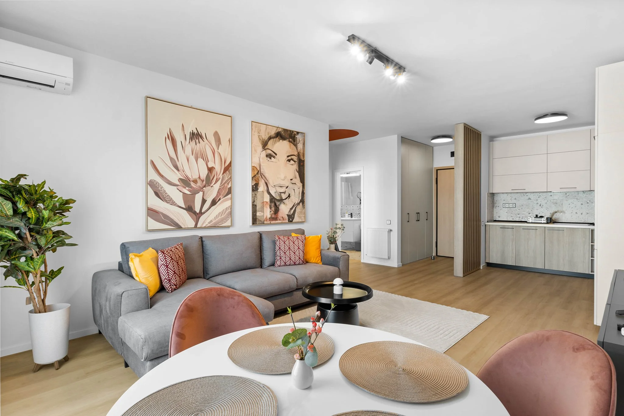 Modern open-plan living room with gray sofa, colorful pillows, large plant, abstract art, and small kitchen area.