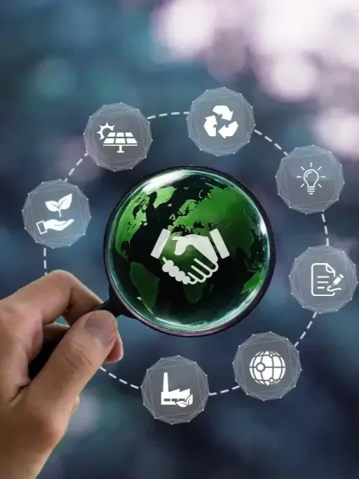 Hand holding a glass globe with a world map and a handshake icon, surrounded by icons representing renewable energy, recycling, innovation, sustainability, logistics, and global connectivity.
