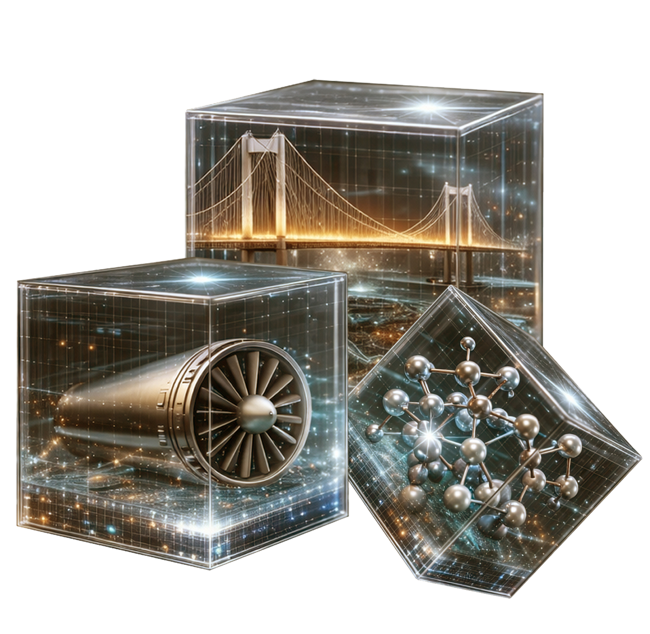 Engineering and scientific innovation illustration featuring computational modeling, molecular structure, jet engine, and infrastructure systems.
