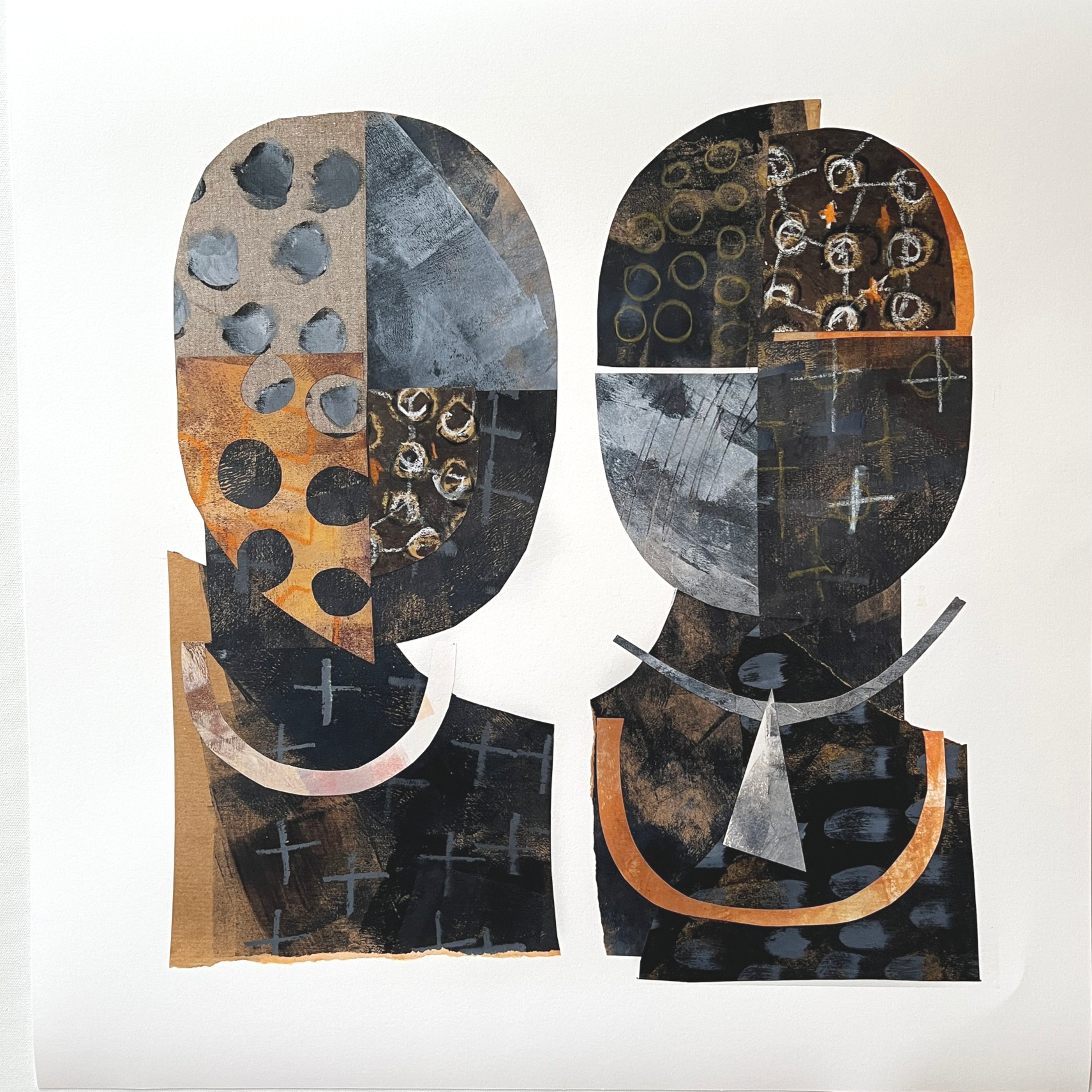'mysterious and arcane…tribal art…very very interesting. Ancient but modern.'
Collaged heads approximately 20" x 20" (51cmx51cm) plus a generous surround. £50 plus postage and packing.