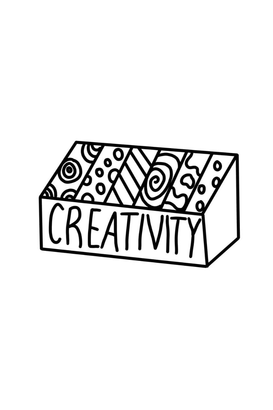 Black and white artwork of a block with the word 'CREATIVITY' written on it, featuring abstract patterns and designs.