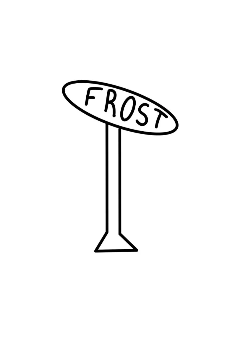 Simple line drawing of a signpost with the word 'FROST' written in an oval at the top.