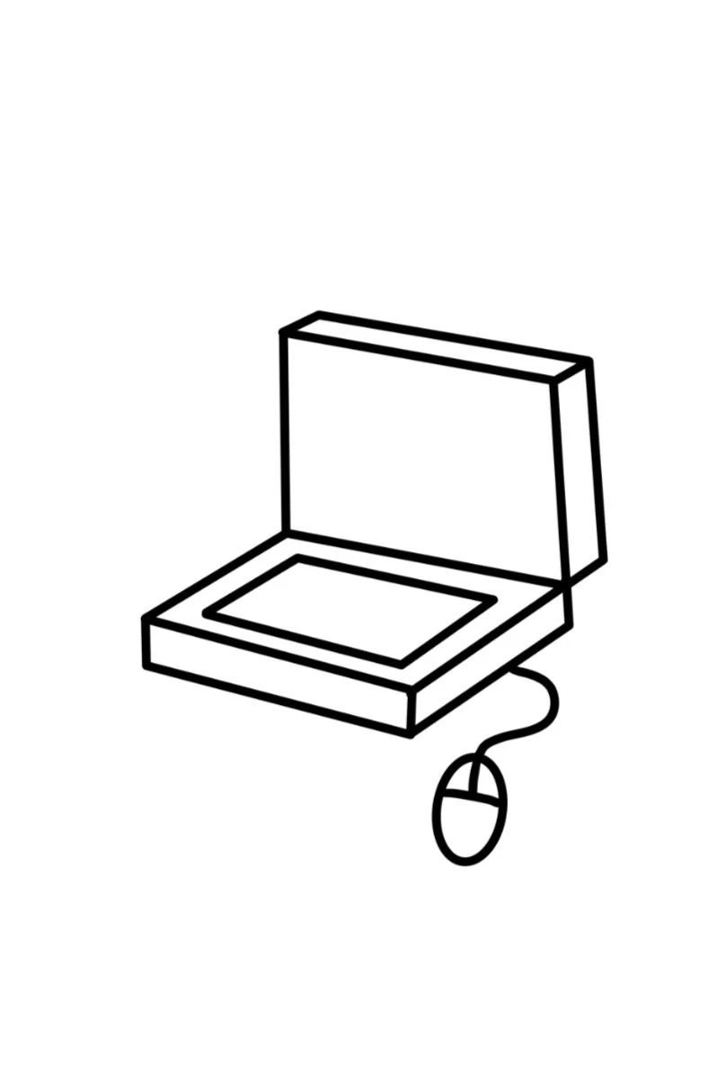 Line drawing of a laptop with an attached mouse