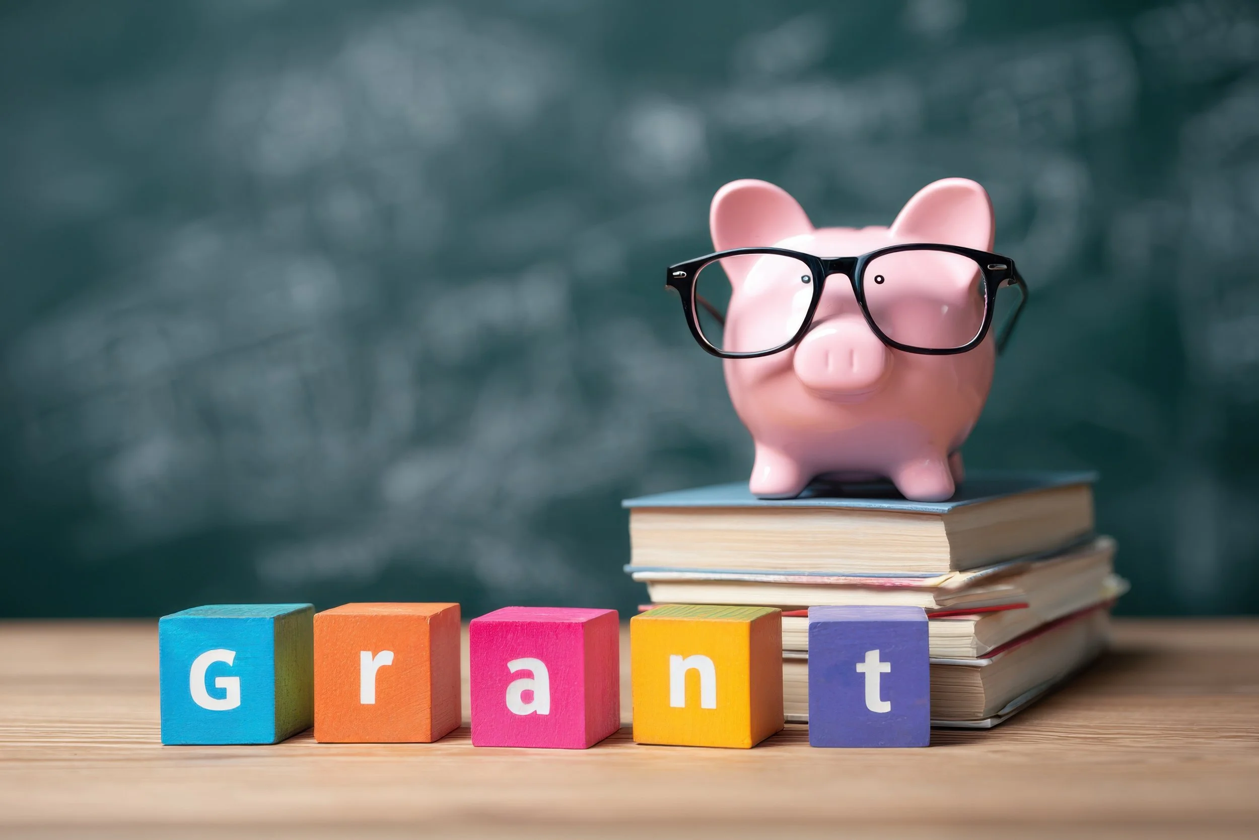 Pink piggy bank wearing black glasses, sitting on a stack of books with colorful wooden blocks spelling 'Grant' in front.