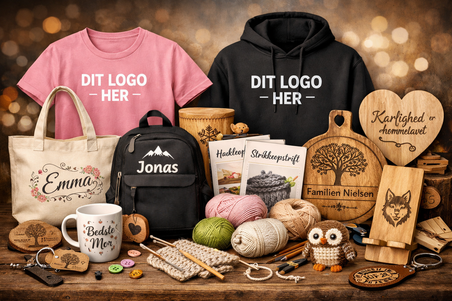 Billedet viser et udvalg af håndlavede og personlige gaver, herunder stofrygsække, kopper, strikkegarn, strikkebøger, træskærebrætter, nøgle- og pin tilbehør, og en bamse, alle arrangeret på et træbord med en bokeh baggrund.