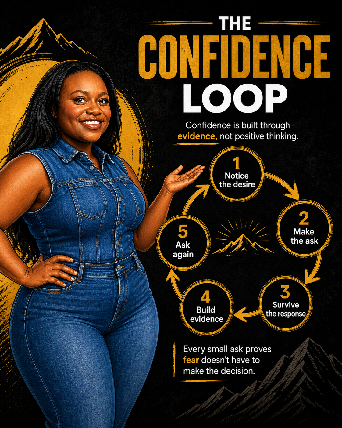 Illustrated Black Sherpa graphic featuring Joanna Briggs and “The Confidence Loop,” a five-step framework for building workplace confidence through evidence, action, asking, surviving the response and asking again.