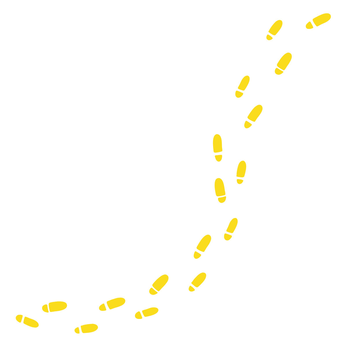 A black outline of a human figure walking, with a dotted yellow trail representing footsteps following behind.