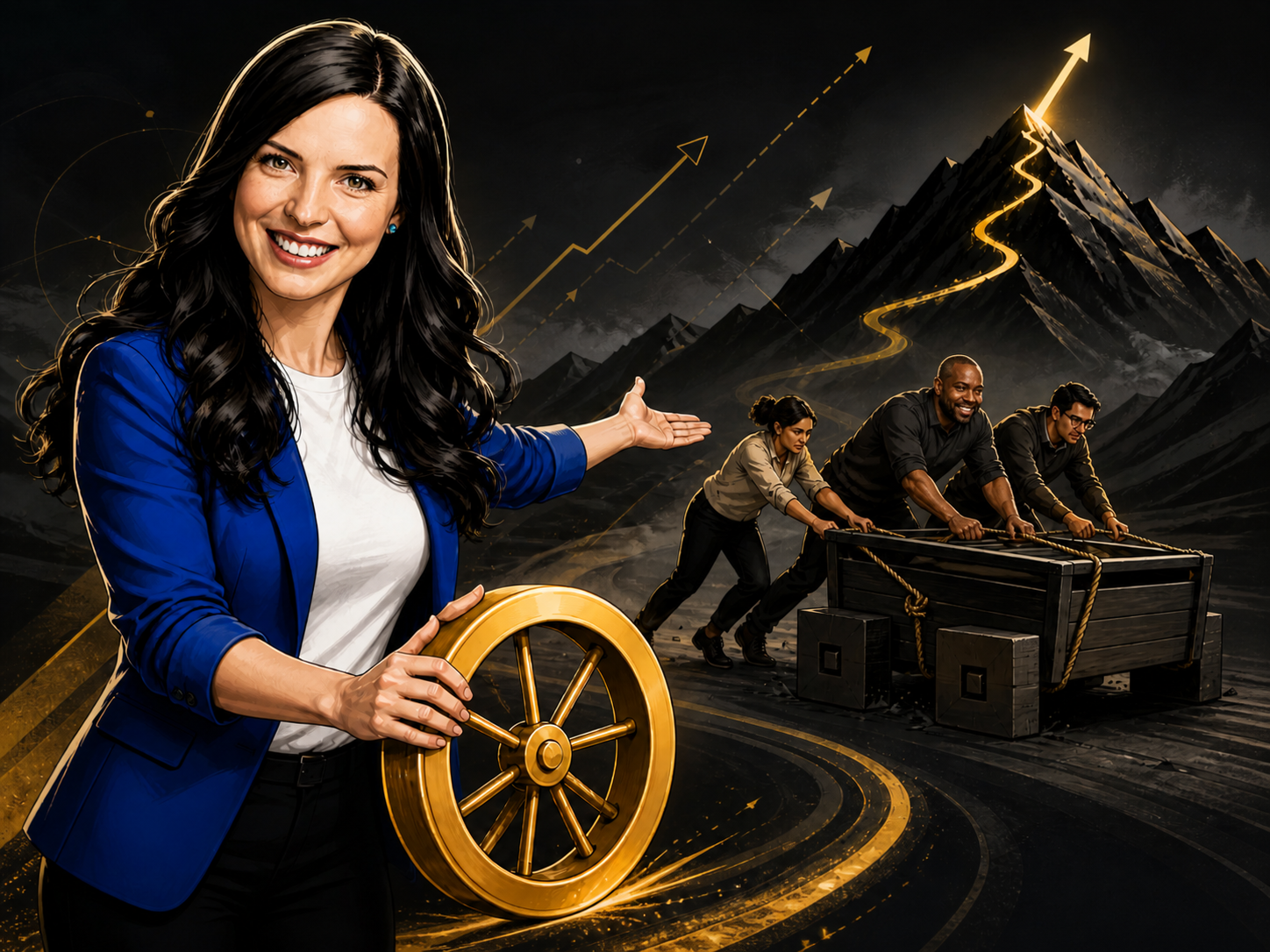 Illustration of Rachelle Williams holding a golden round wheel while a team pushes a cart with square wheels toward a mountain, symbolising retrospectives and continuous improvement at work.