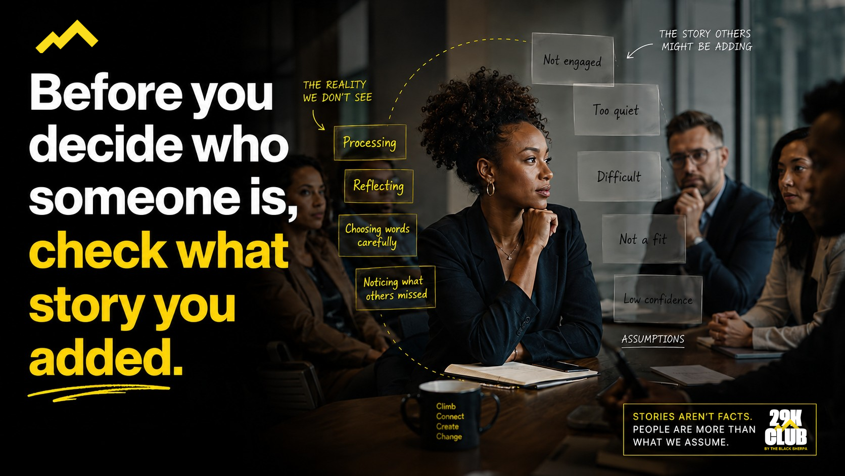 A workplace perception bias image showing a woman being misread in a meeting, with assumption labels contrasted against the unseen reality of processing, reflection and careful thinking.