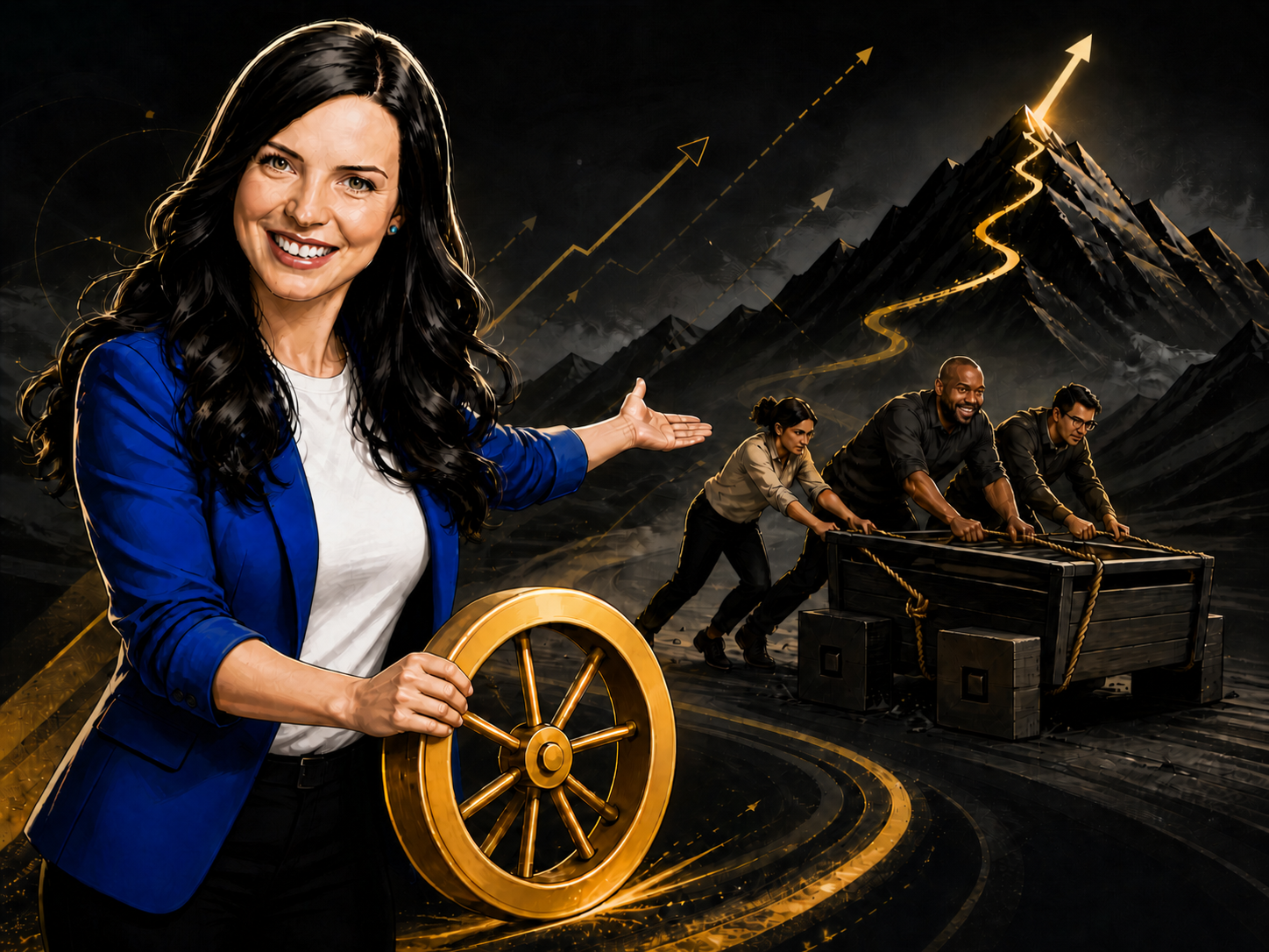 Illustration of Rachelle Williams holding a golden round wheel while a team pushes a cart with square wheels toward a mountain, symbolising retrospectives and continuous improvement at work.