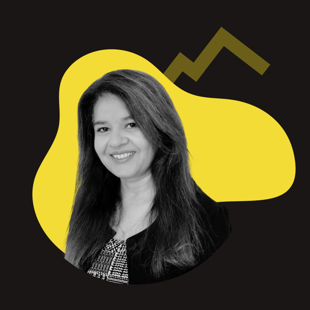 Black and white portrait of a woman with long hair, smiling, with a yellow abstract background and upward trending arrow graphic.