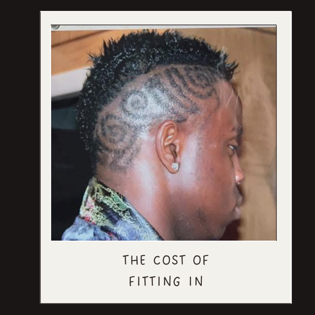 Side profile of a person with a short, styled haircut featuring a pattern shaved into the side of their head, wearing a floral shirt and an earring, with the caption 'The Cost of Fitting In'