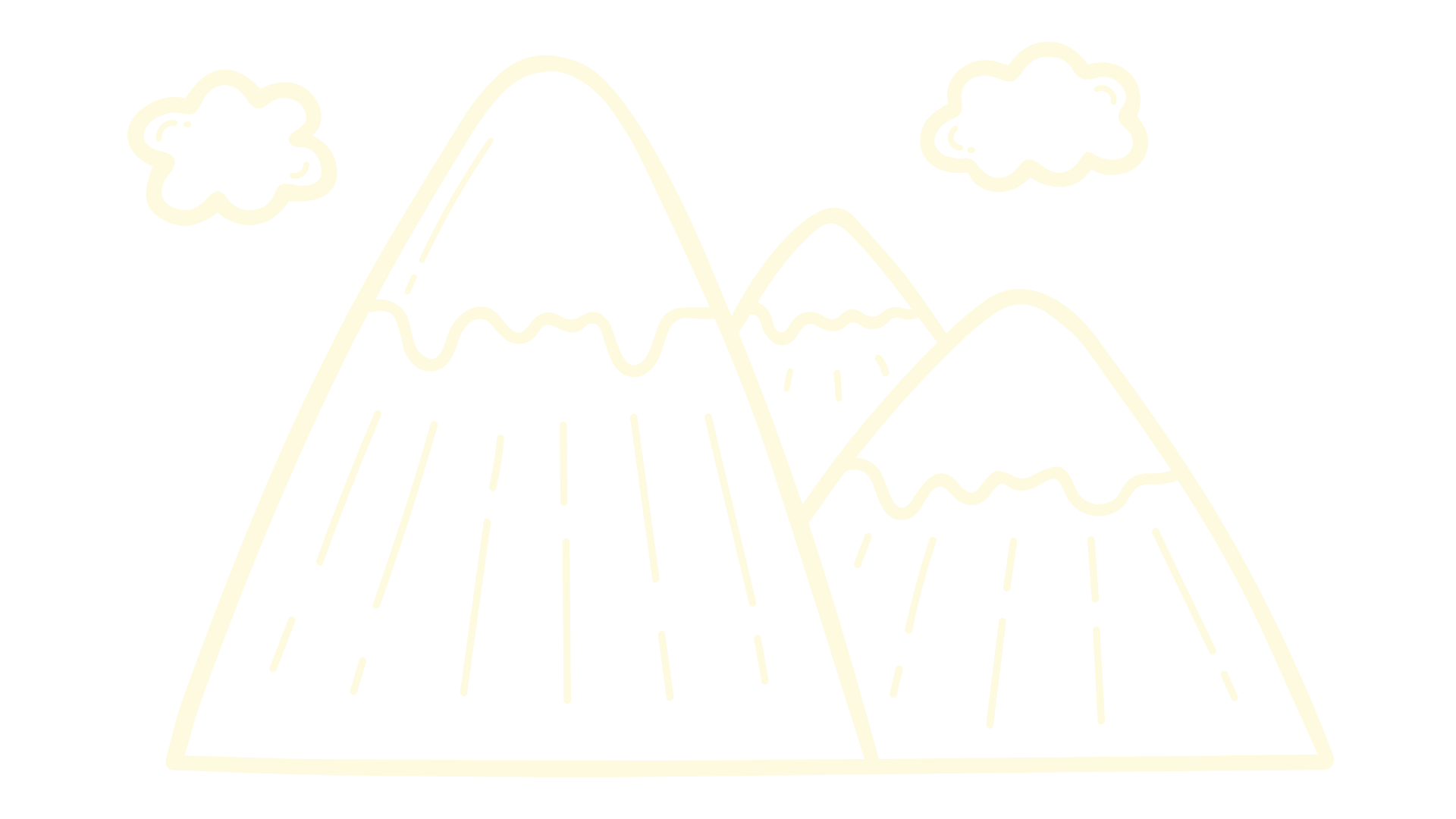 Yellow line drawing of three mountains with clouds above and lines representing slopes on a black background.