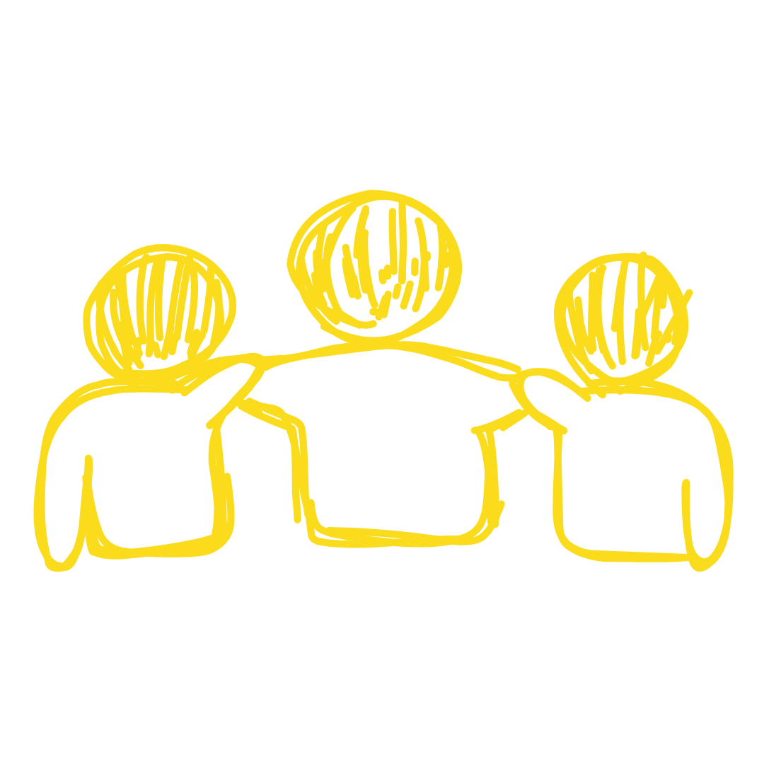 Line drawing of three people with their arms around each other's shoulders, in yellow outline style.