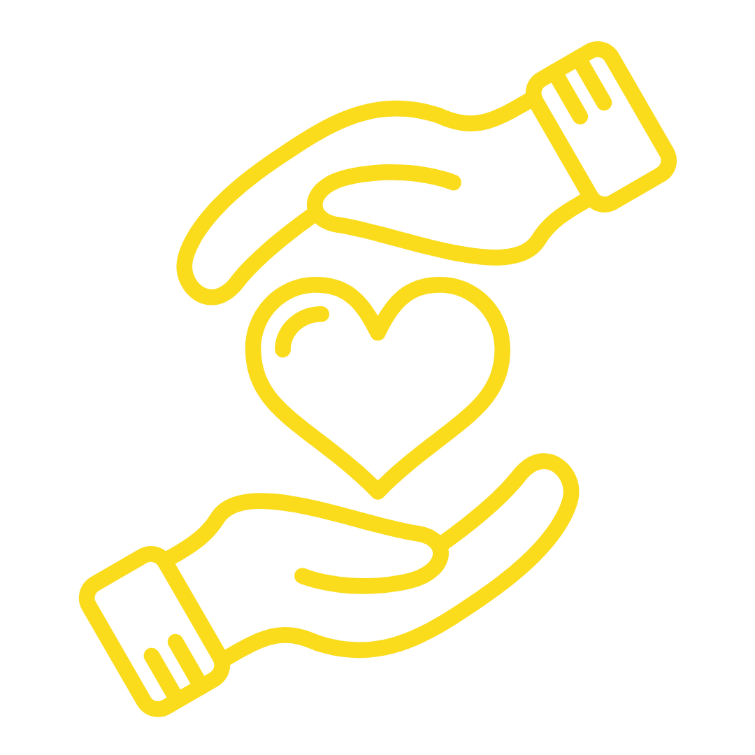 Outline illustration of two hands holding a heart, depicted in yellow.