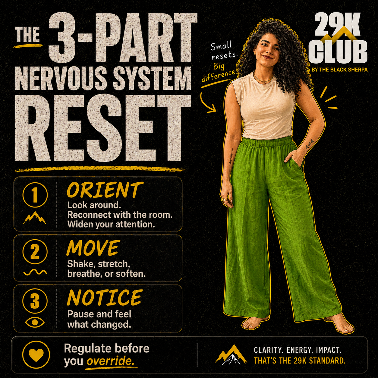 Illustrated 29k Club graphic featuring Hedi Shah standing beside a “3-Part Nervous System Reset” guide with three steps: Orient, Move, and Notice, plus the message “Regulate before you override.”