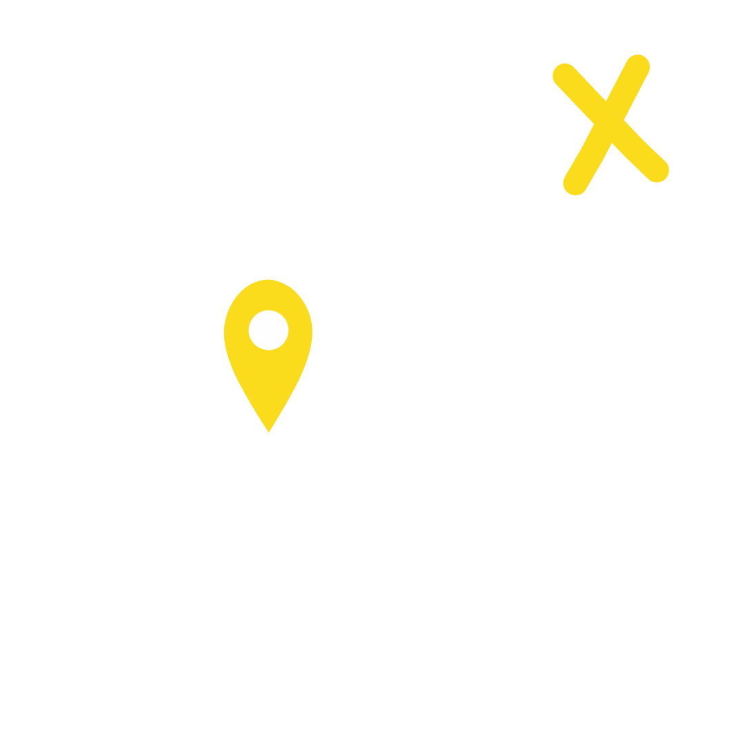 Map with a yellow location marker, white dotted path, and a yellow X indicating a route or treasure hunt.