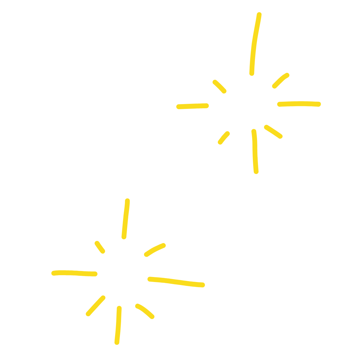 Black outline of the map of the United States with two yellow spark icons representing fireworks or celebration.