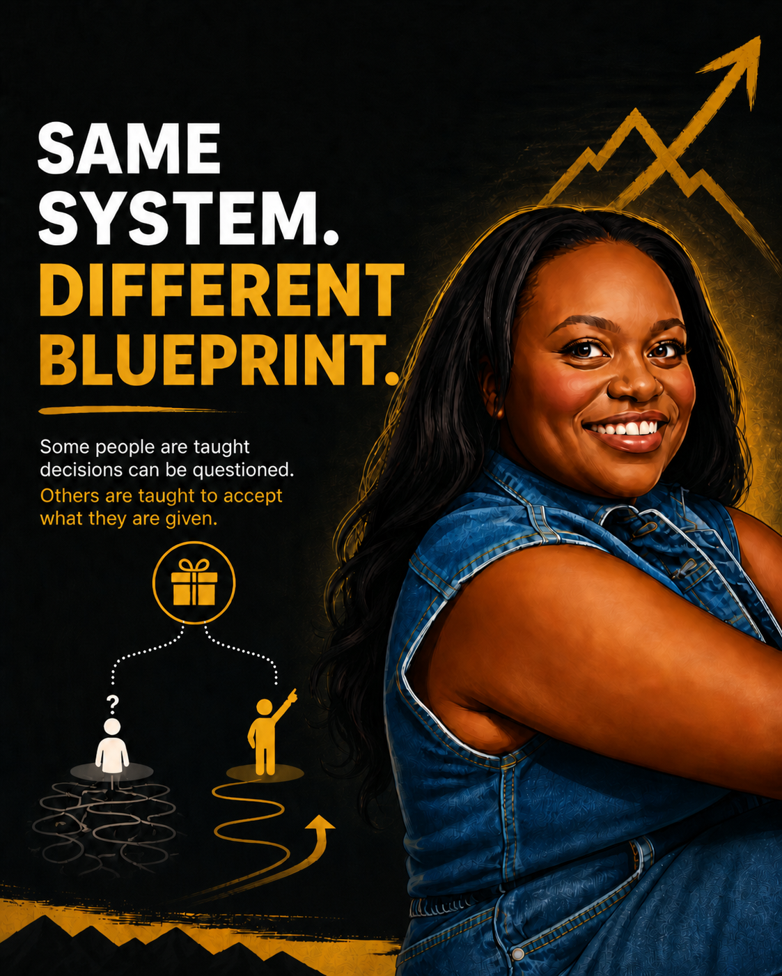 Illustrated Black Sherpa graphic featuring Joanna Briggs with the headline “Same System. Different Blueprint.” The image explores career courage, workplace confidence and how different people are taught to question or accept decisions.