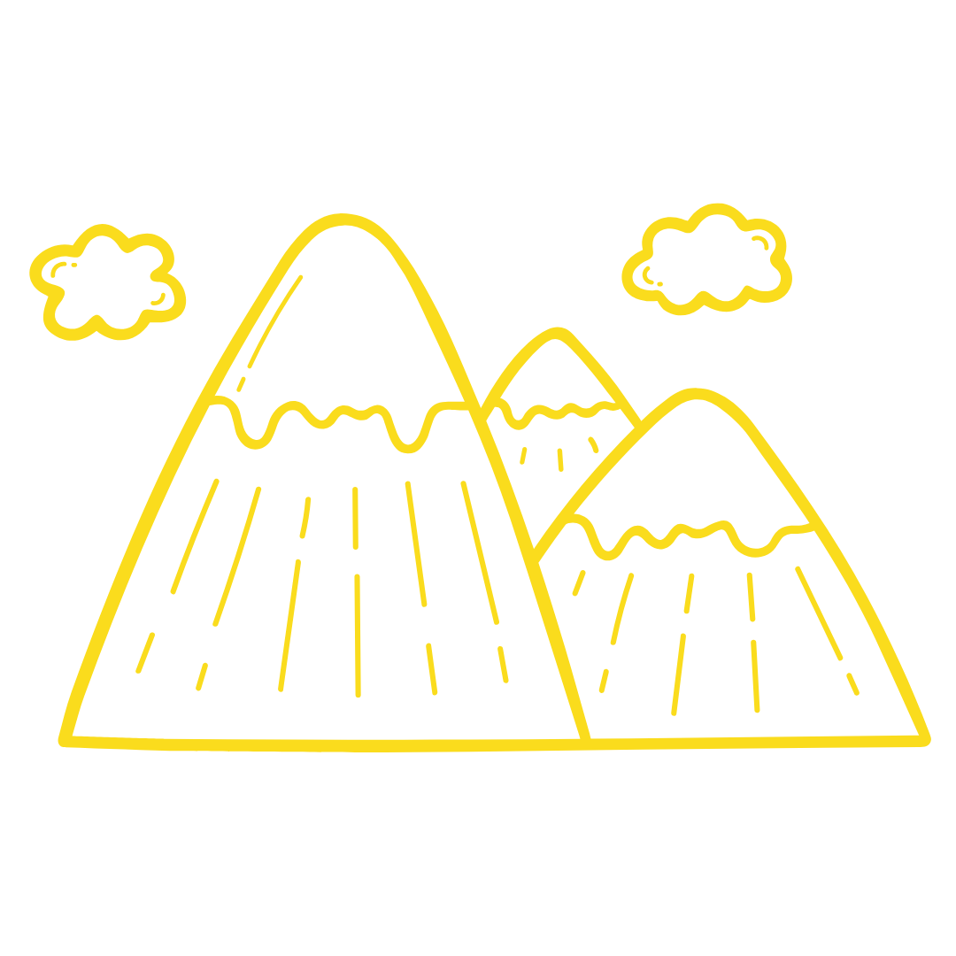 Yellow line drawing of three mountains with clouds above and lines on the mountains indicating snow or texture.