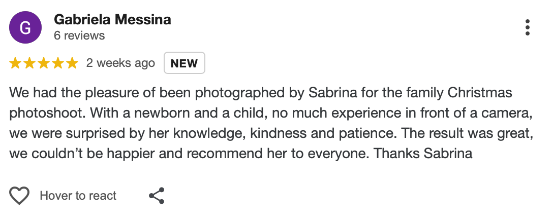 Customer review for a photographer, mentioning a Christmas family photoshoot with a newborn and a child, praising photographer Sabrina for her kindness and patience.
