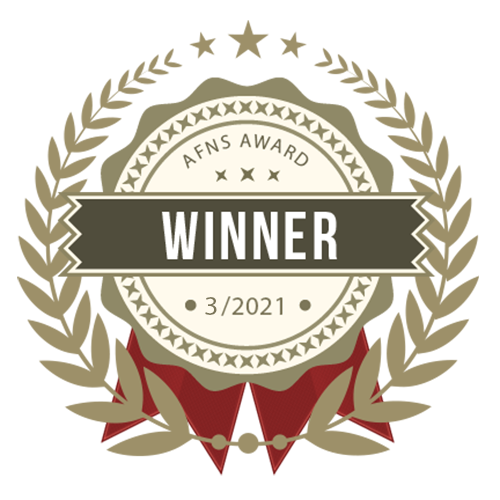 Seal with a ribbon stating 'WINNER' in the center, labeled 'AFNS Award, 3/2021'.