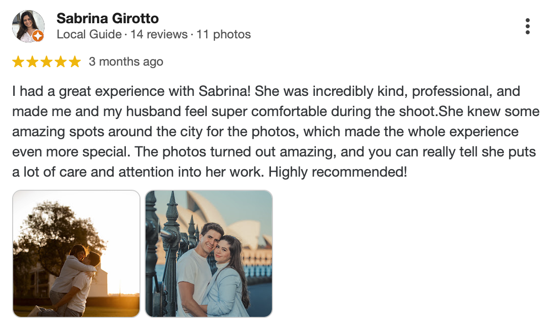 Customer review for Sabrina Girotto, describing her positive experience with her photographer, Sabrina. Includes two photos: one of a couple hugging at sunset and another of a couple posing by a fence with a landmark in the background.