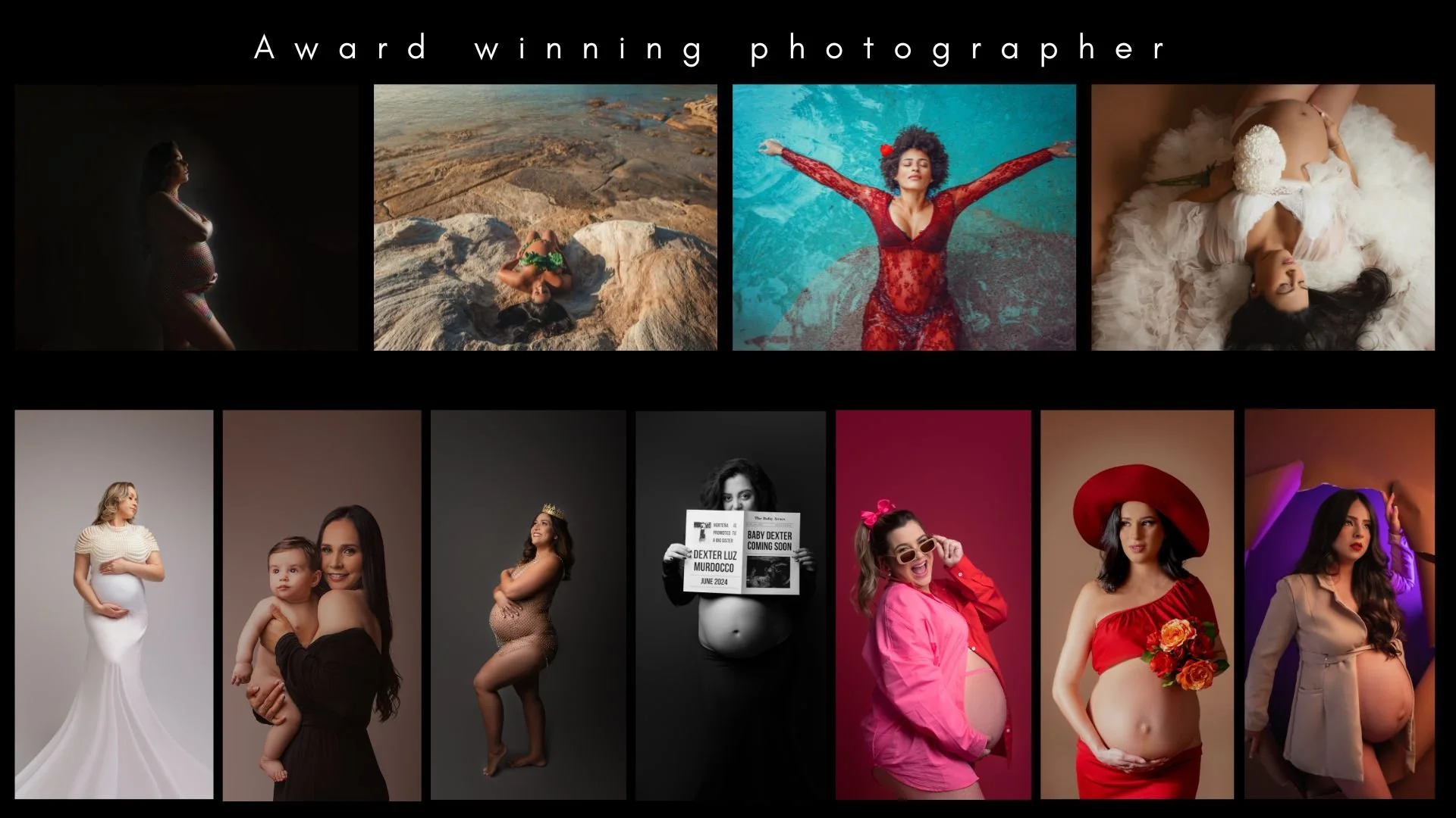 Collage of photographs of pregnant women, showcasing various maternity portraits and creative photoshoots, with text indicating it features an 'Award winning photographer'.