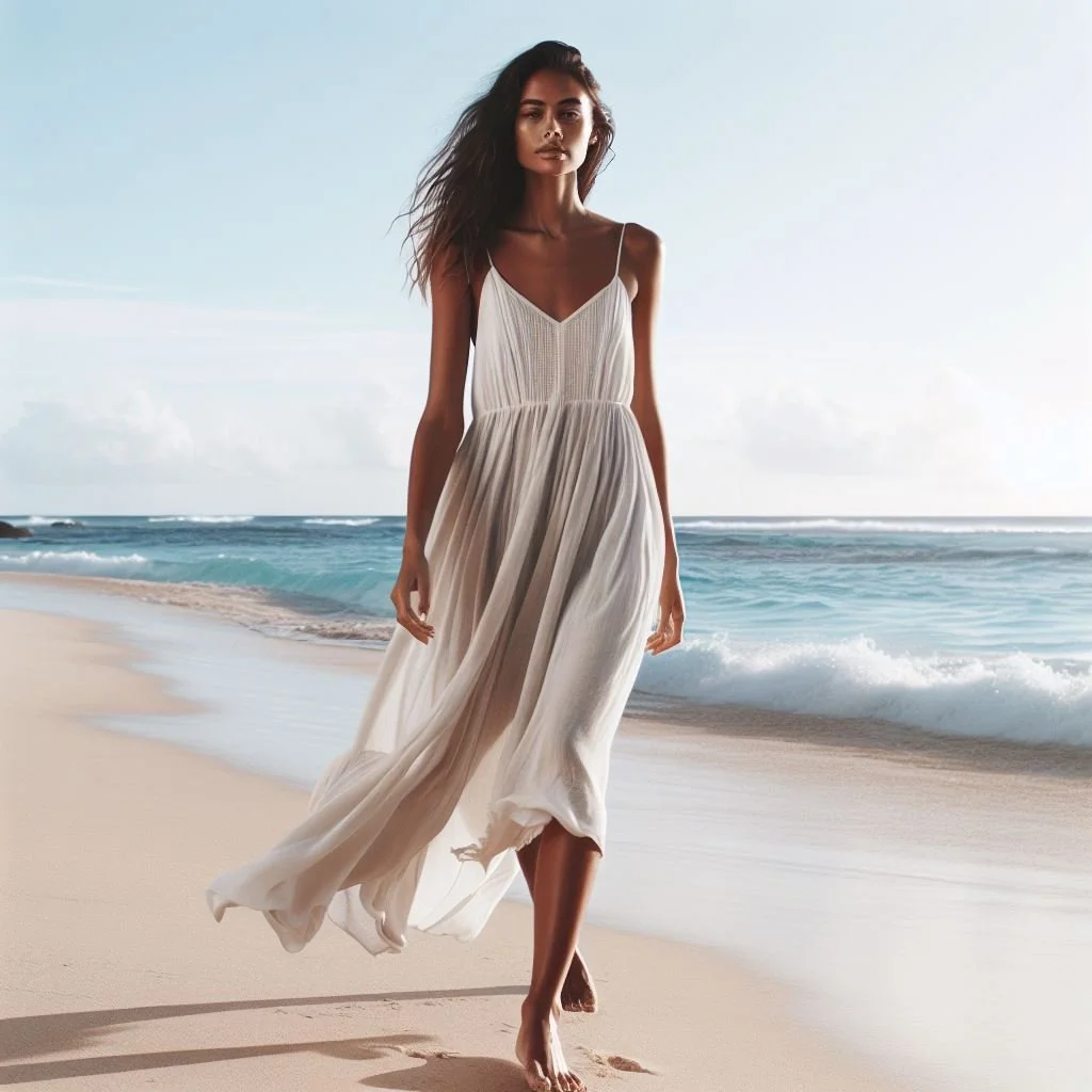 Donna in abito bianco cammina su una spiaggia tropicale