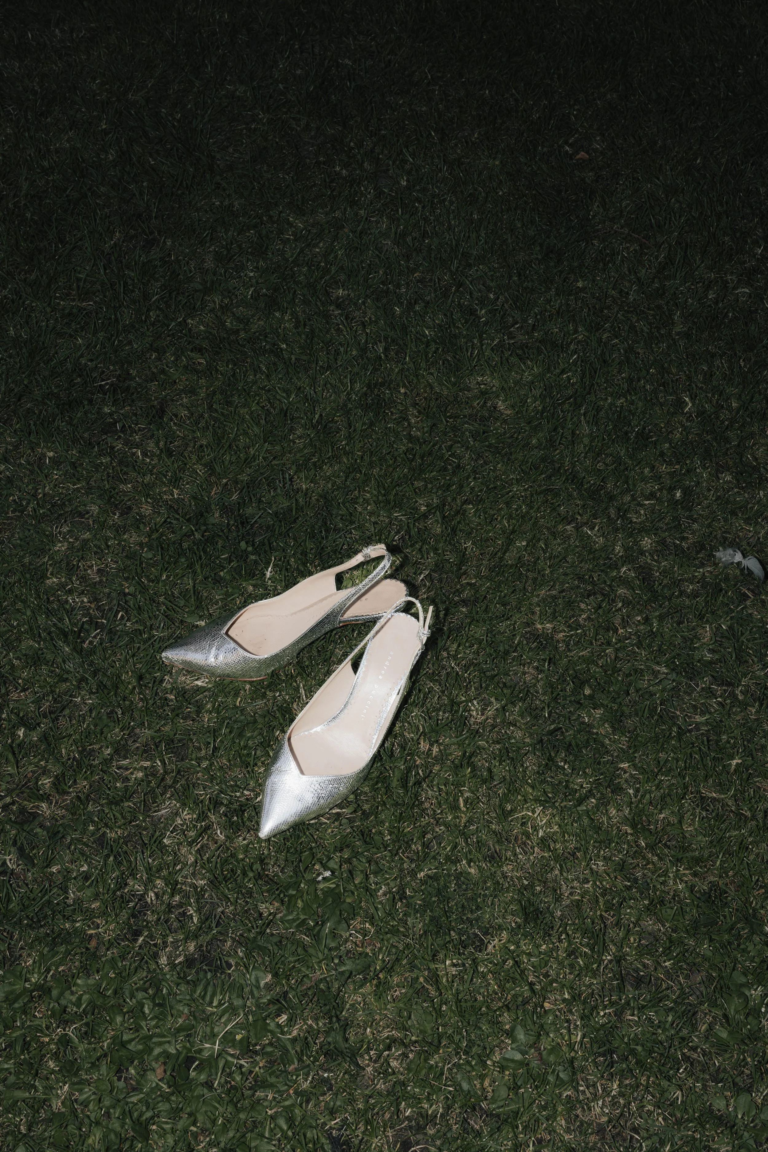 Ein Paar silberne High-Heels auf Gras im Freien bei Nacht.