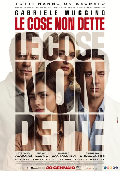 The poster for Le Cose Non Dette features four serious-looking characters emerging through large, overlapping typography spelling the film’s title. Set against a clean white background, the design uses bold red and gray text to create a modern, drama