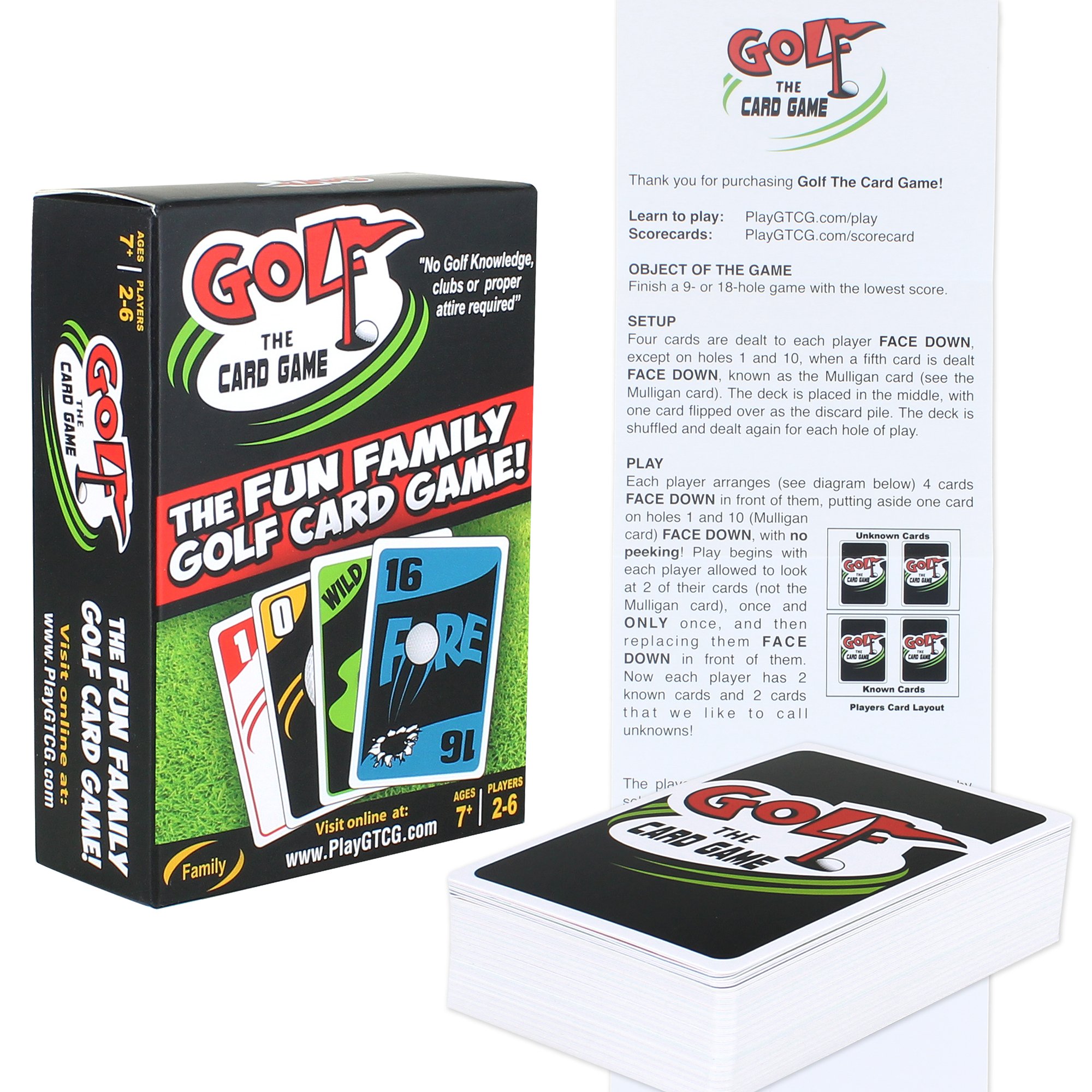 Box of GOLF The Card Game with instructions sheet and a deck of cards showing the GOLF logo and designs.