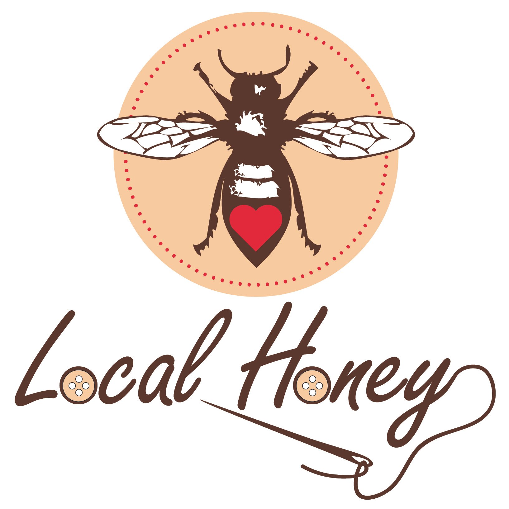 Logo featuring a bee with a red heart at the abdomen, circular background, and the words "Local Honey" with buttons as the letter 'o'.}