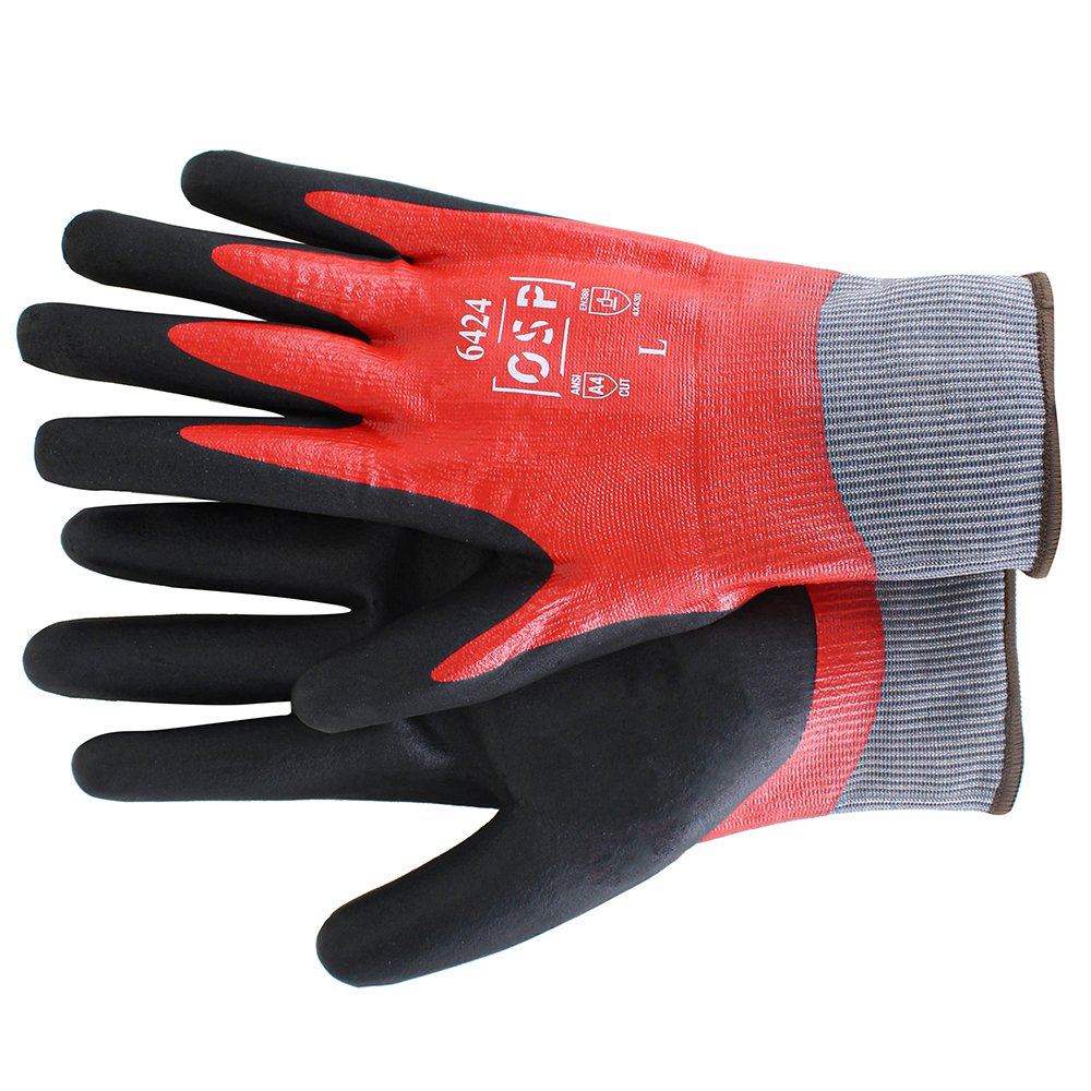 A pair of work gloves with red and black color, made of a textured material, and gray cuffs.