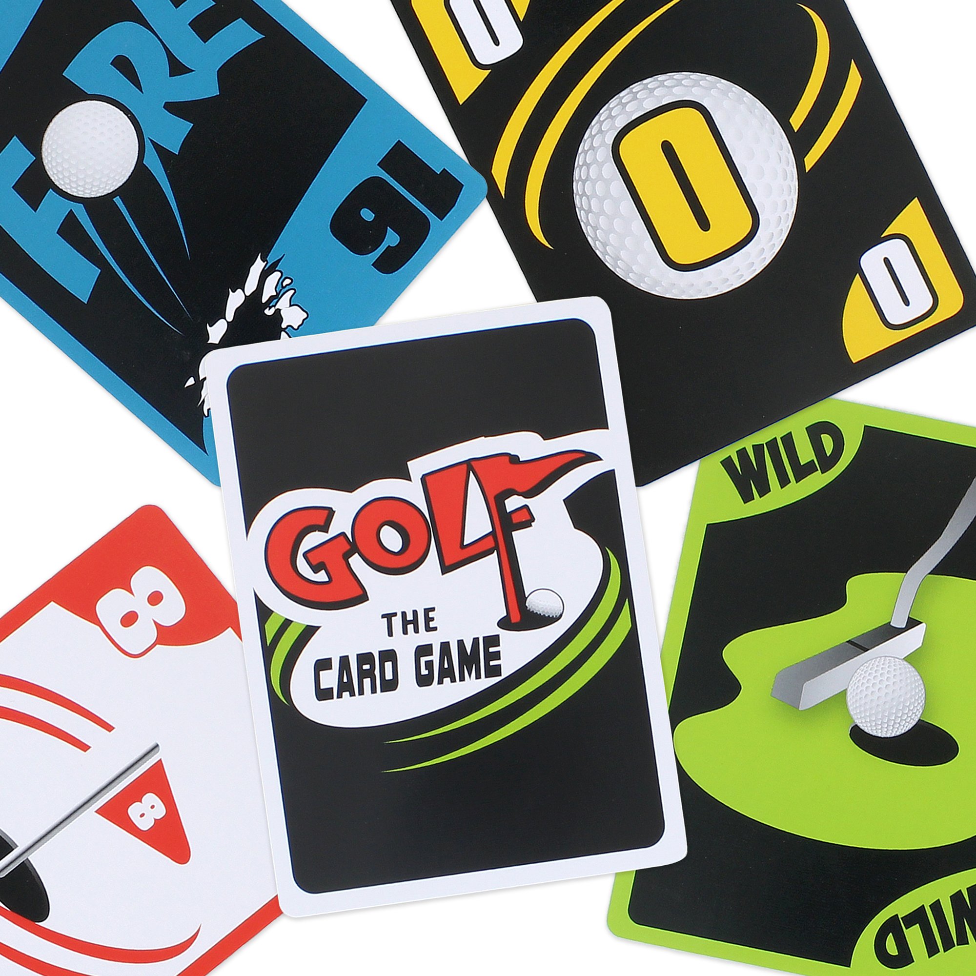 A collection of golf-themed playing cards and game pieces, including a card with the title 'Golf the Card Game,' a card with a golf ball and hole illustration, a green plastic golf hole with a golf ball, and other cards with numbers and graphics.