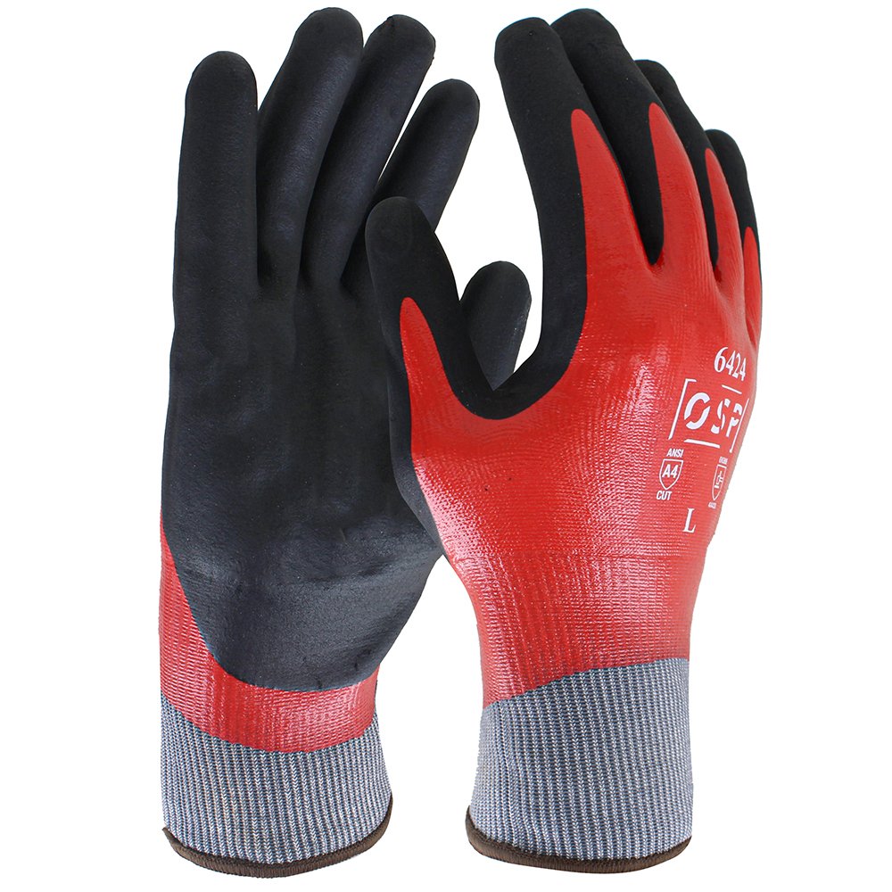 Pair of protective work gloves, one showing the black rubber-coated palm and the other the red fabric side with branding and size info.