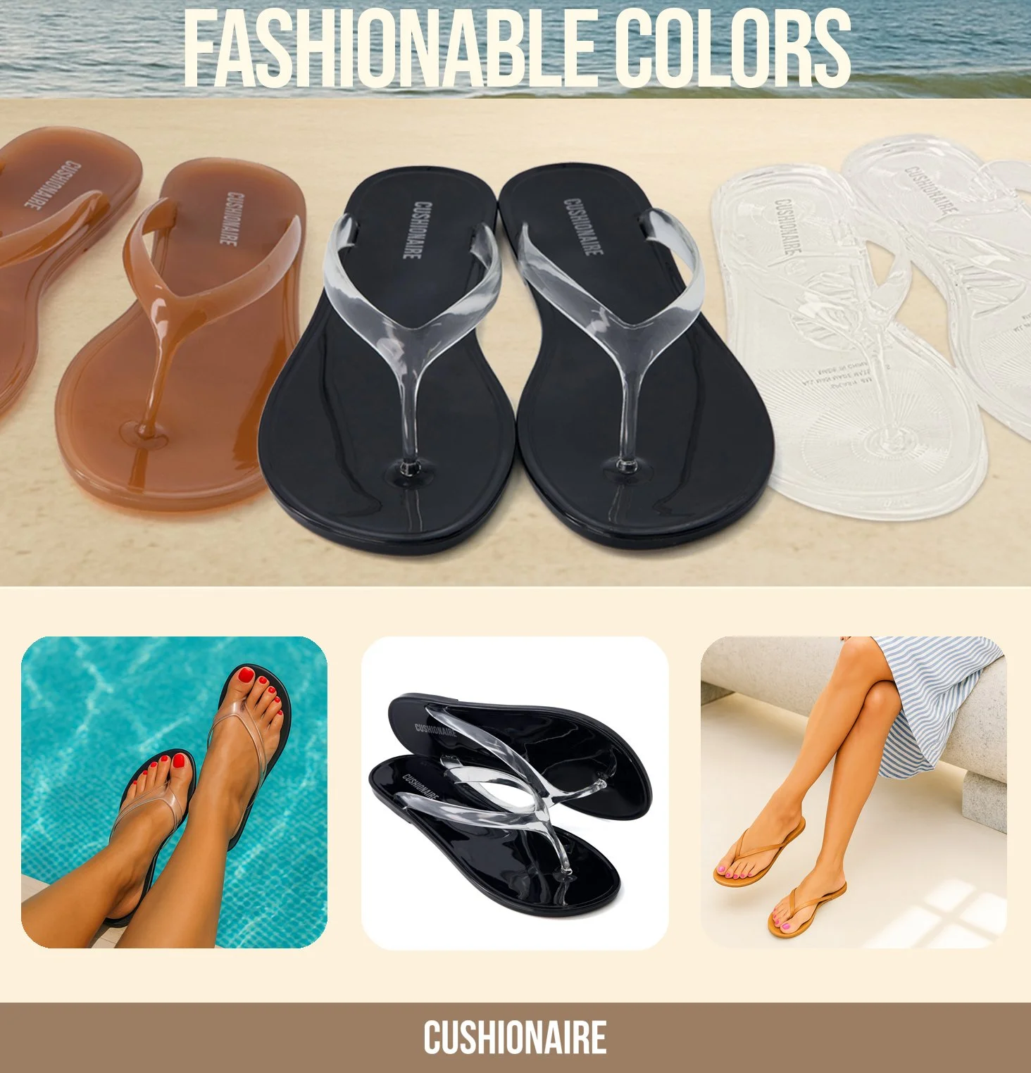 Display of fashionable flip-flops in different colors, including tan, black, and clear, with a focus on style and variety.