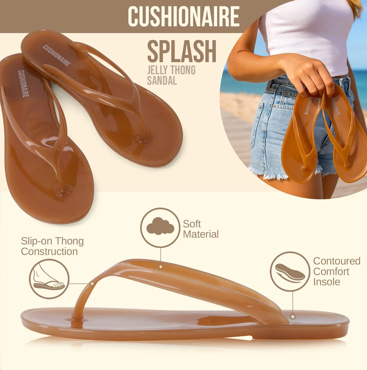 A pair of brown jelly thong sandals being held by a woman at the beach, with a close-up of the sandals showing slip-on construction, soft material, and contoured comfort insole features.