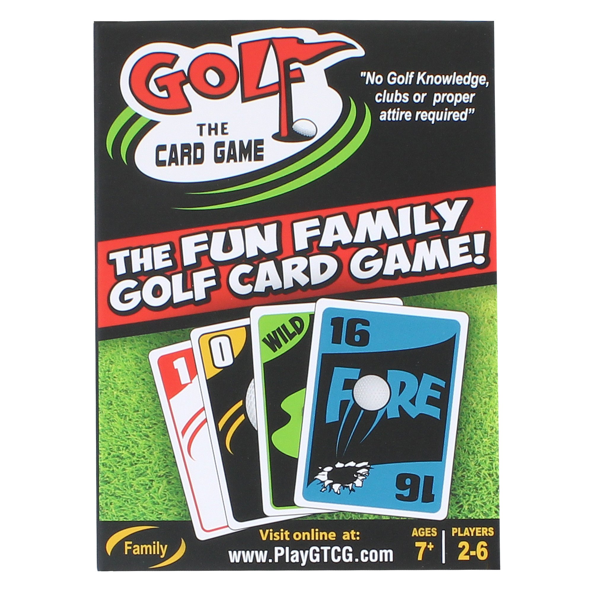 Box for Golf the Card Game, featuring colorful golf-themed cards with numbers and images, with text indicating it's a fun family golf card game for players aged 7 and up, with 2 to 6 players.