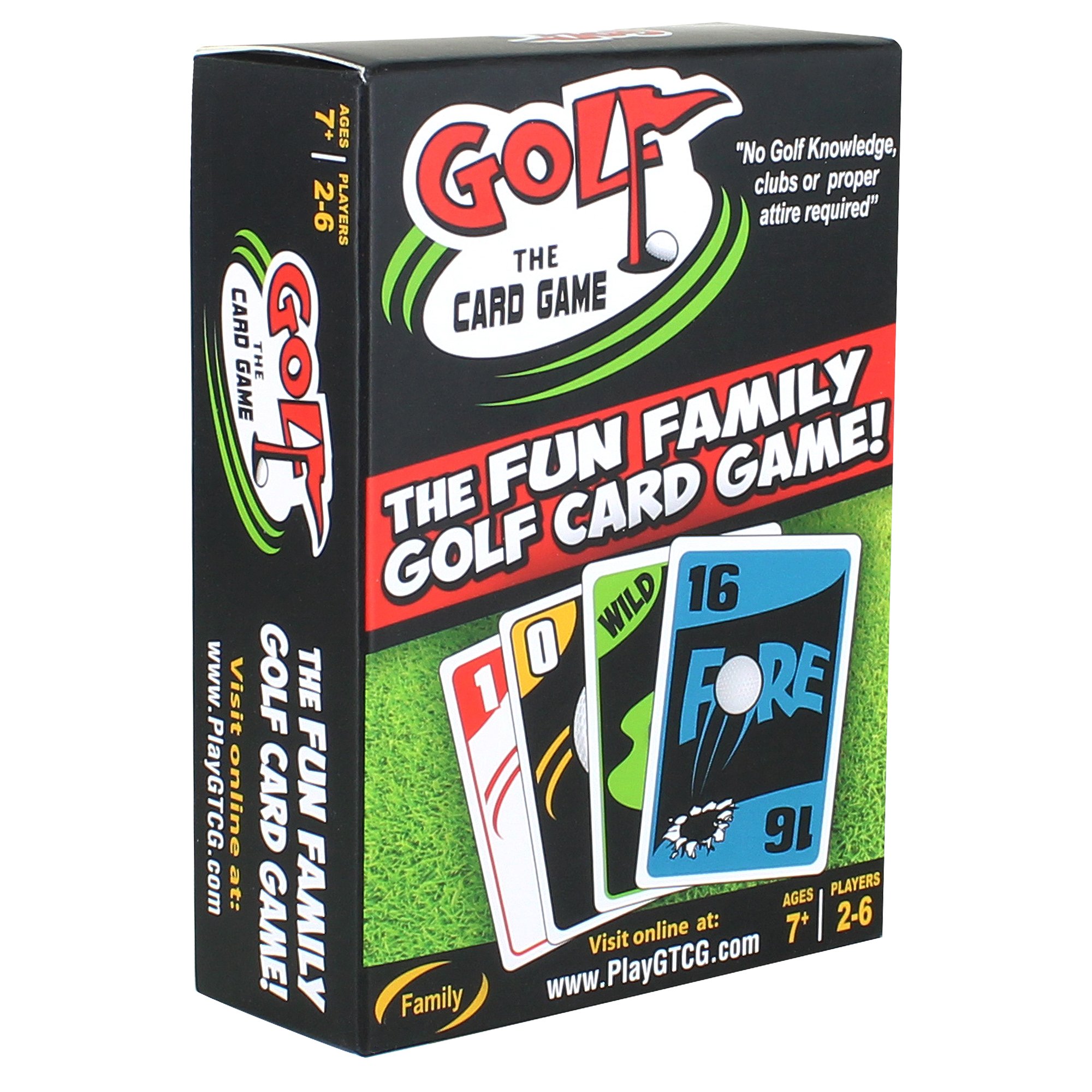 Box of Golf The Card Game with colorful playing cards, green grass background, and text indicating it's a fun family golf card game for ages 7 and up, suitable for 2 to 6 players.