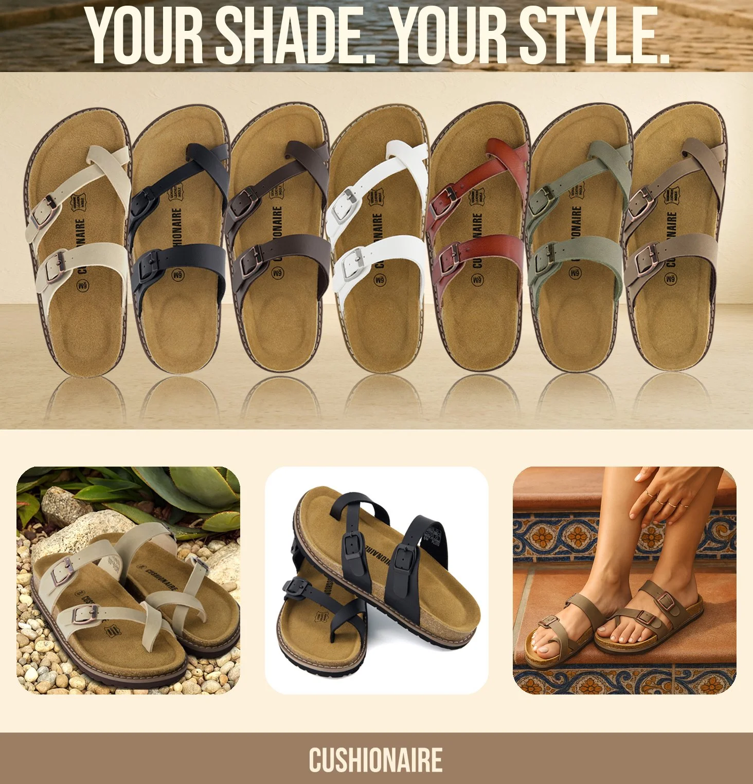A variety of Cushonarie sandals in different colors, including beige, black, brown, white, red, green, and taupe, displayed in a retail setting, with additional images showing the sandals outdoors, a pair on a floating platform, and on a person's fee