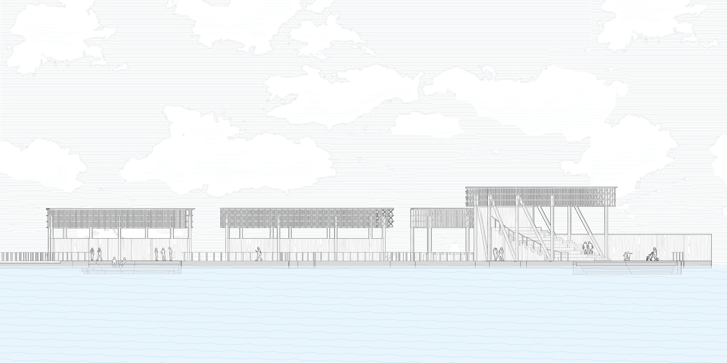 Architectural drawing of a waterfront pavilion with multiple structures and people walking, sitting, and cycling.