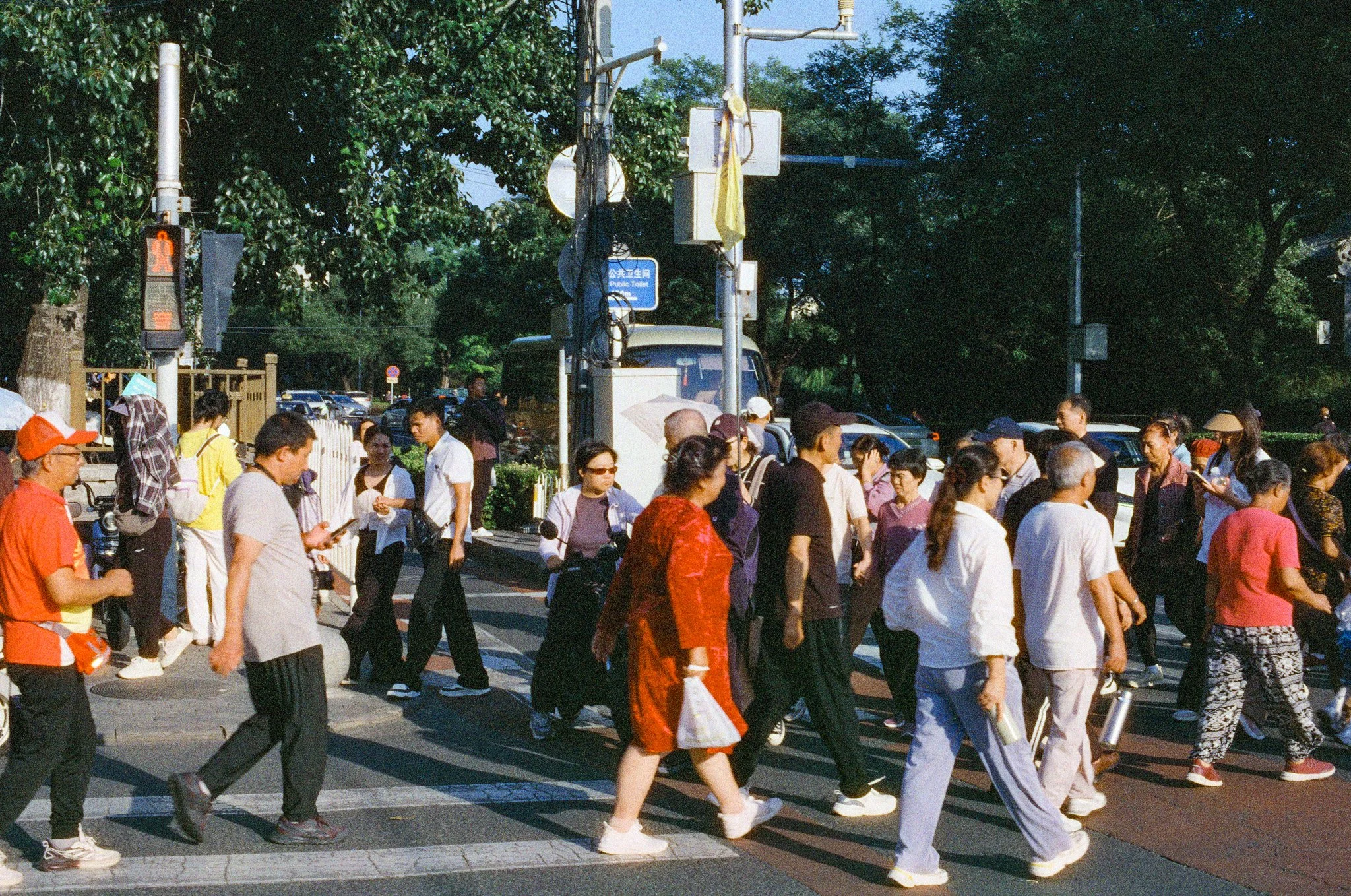 Crowd of pedestrians crossing a busy city street on a sunny day.