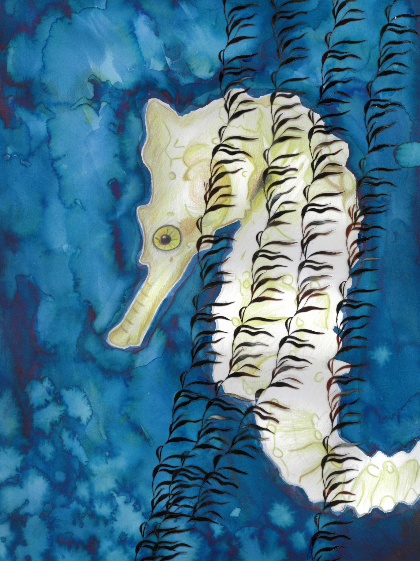 Abstract painting of a whale with a blue background and black seaweed-like lines.